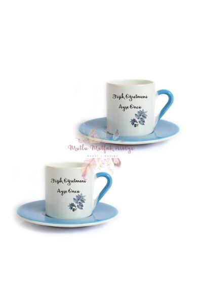 Kişiye Özel Öğretmenler Günü Hediyesi İsimli Çiçek Motifli Meslek İkili Mavi Türk Kahvesi Fincanı