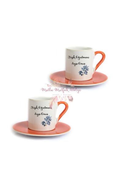 Kişiye Özel Öğretmenler Günü Hediyesi İsimli Çiçek Motifli Meslek İkili Turuncu Türk Kahvesi Fincanı