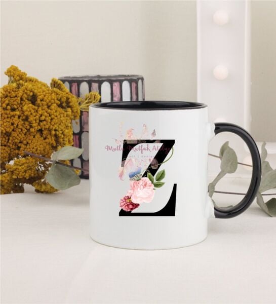 Z Harfi Çiçek Desenli Siyah Kupa Bardak