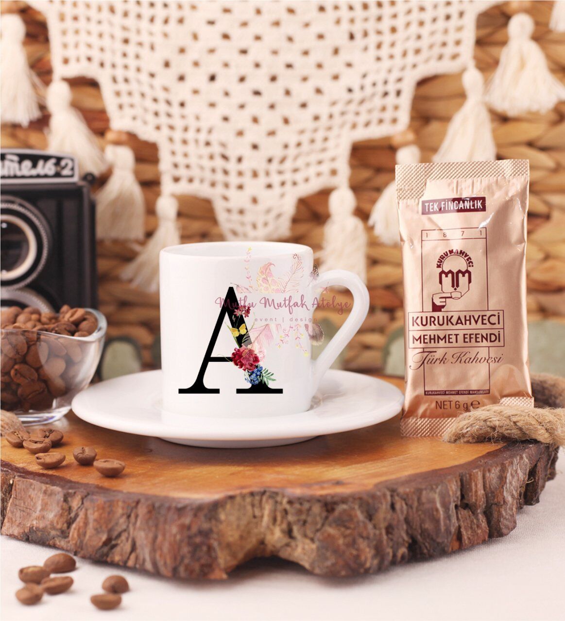A Harfi Çiçek DesenliTürk Kahvesi Fincanı