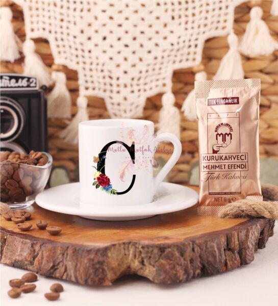 C Harfi Çiçek DesenliTürk Kahvesi Fincanı