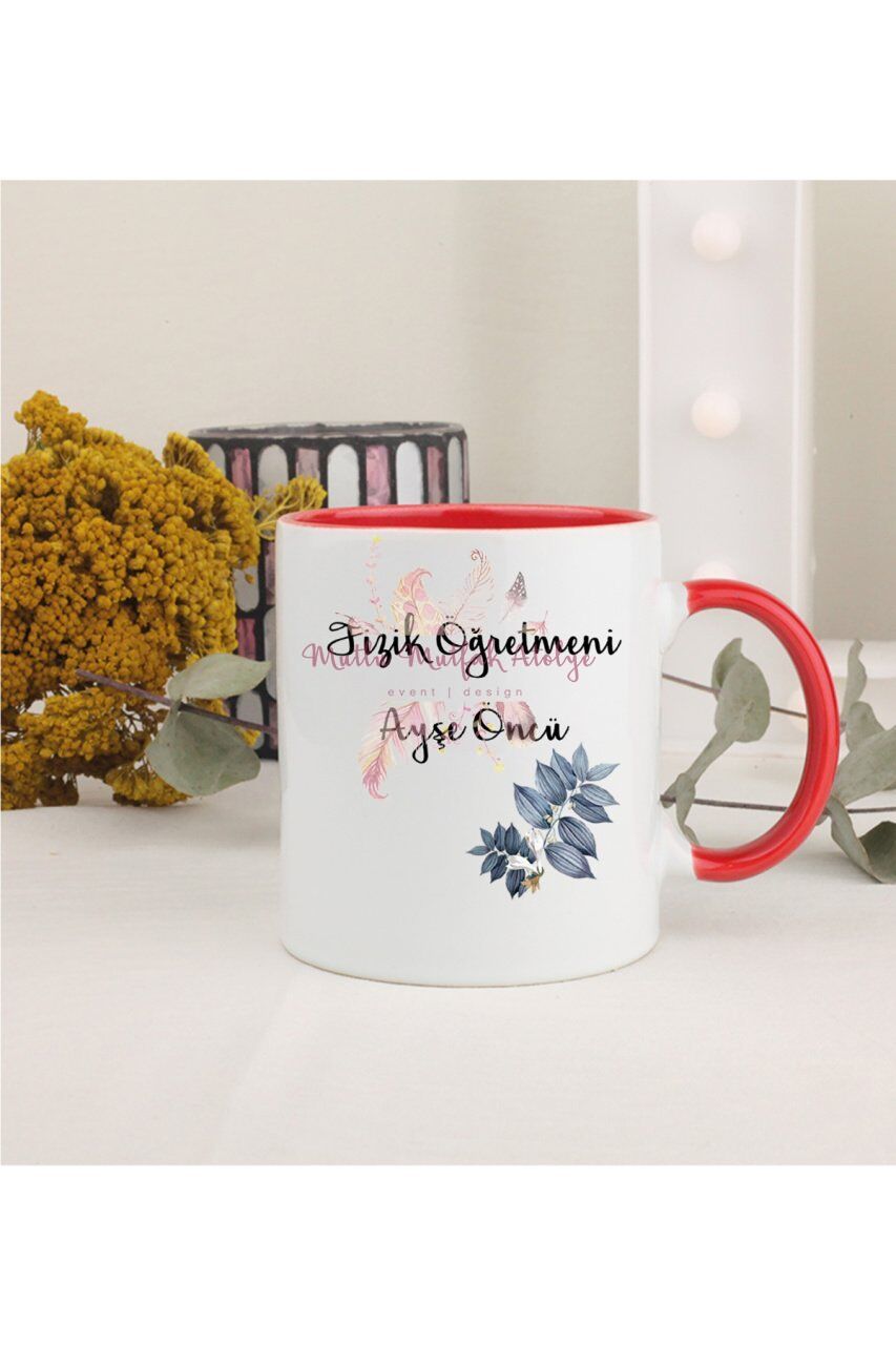 Kişiye Özel Öğretmenler Günü Hediyesi İsimli Çiçek Motifli Meslek Kırmızı Kupa Bardak
