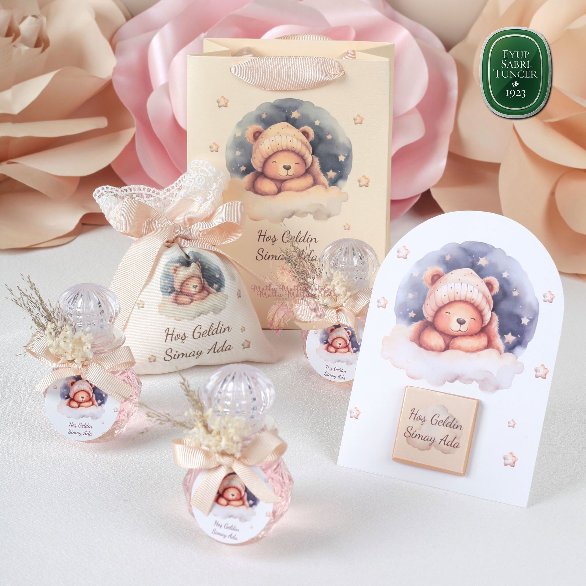 Ayıcık Konseptli Yenidoğan Bebek Hediyelik Seti – Lavanta Kesesi, Kolonya, Çikolata ve Özel Çanta