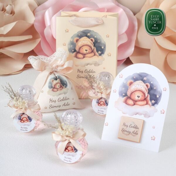 Ayıcık Konseptli Yenidoğan Bebek Hediyelik Seti – Lavanta Kesesi, Kolonya, Çikolata ve Özel Çanta