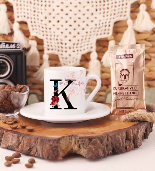 K Harfi Çiçek Desenli Türk Kahvesi Fincanı