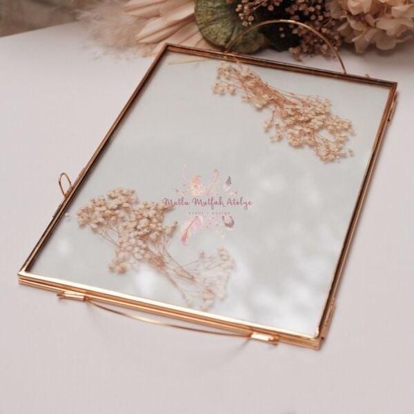 Gold Çerçeveli Çiçekli Cam Tepsi