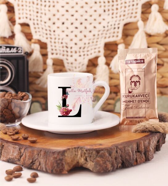 L Harfi Çiçek Desenli Türk Kahvesi Fincanı