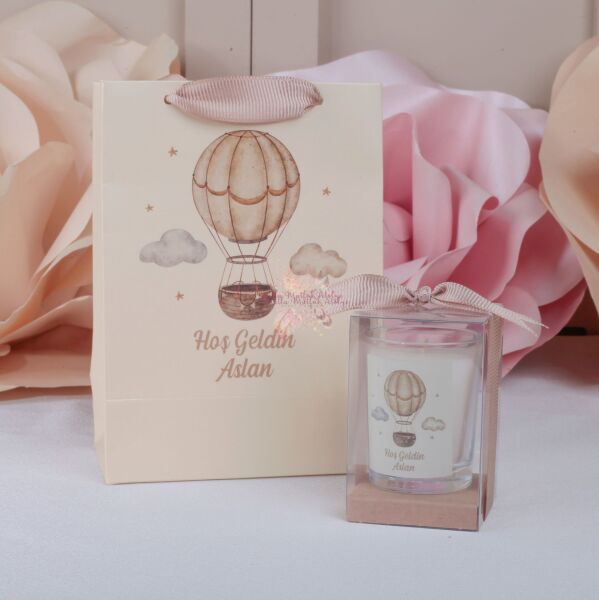 Balon Temalı Hediyelik Kutulu Mum ve Baskılı Çanta Seti