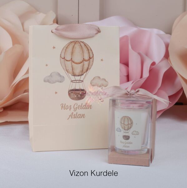 Balon Temalı Hediyelik Kutulu Mum ve Baskılı Çanta Seti