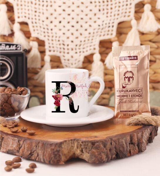 R Harfi Çiçek Desenli Türk Kahvesi Fincanı