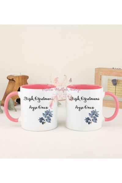 Kişiye Özel Öğretmenler Günü Hediyesi İsimli Çiçek Motifli Meslek İkili Pembe Kupa Bardak
