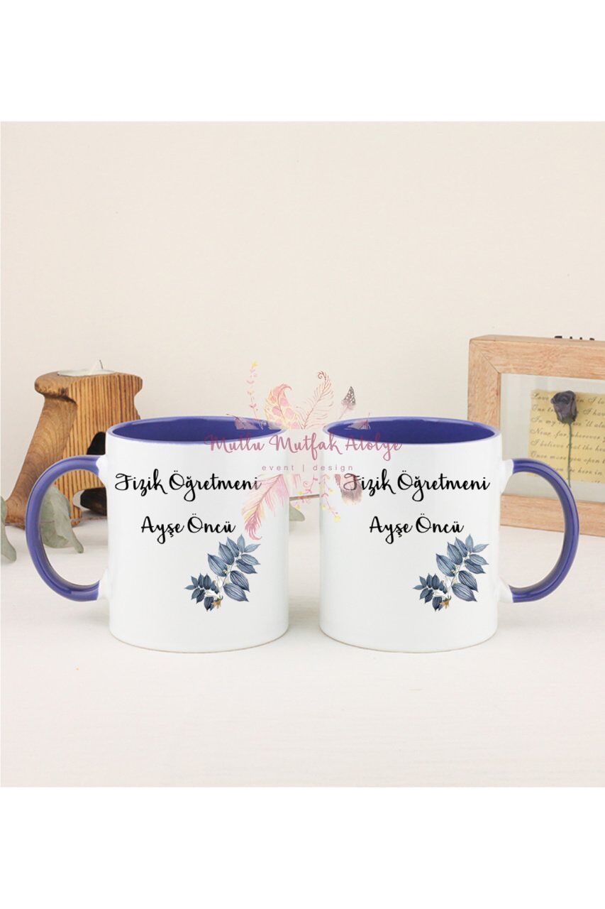 Kişiye Özel Öğretmenler Günü Hediyesi İsimli Çiçek Motifli Meslek İkili Lacivert Kupa Bardak