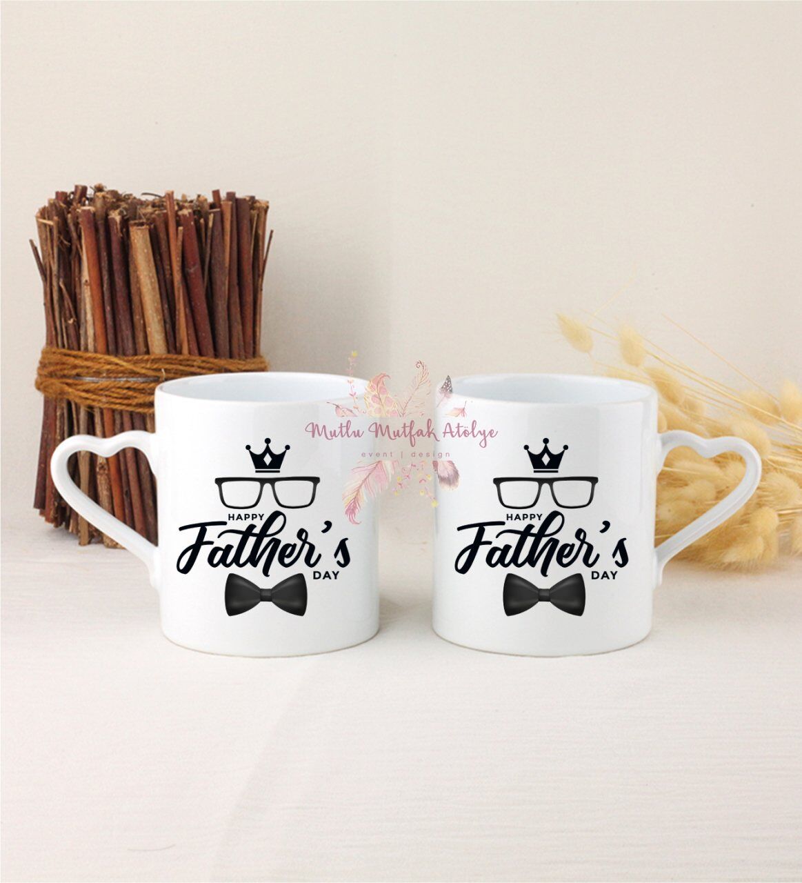 Babalar Günü İkili Beyaz Kalpli Kupa Bardak