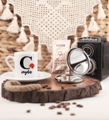 Kişiye Özel Türk Kahvesi Fincanı ve Aynalı Set C Harfi