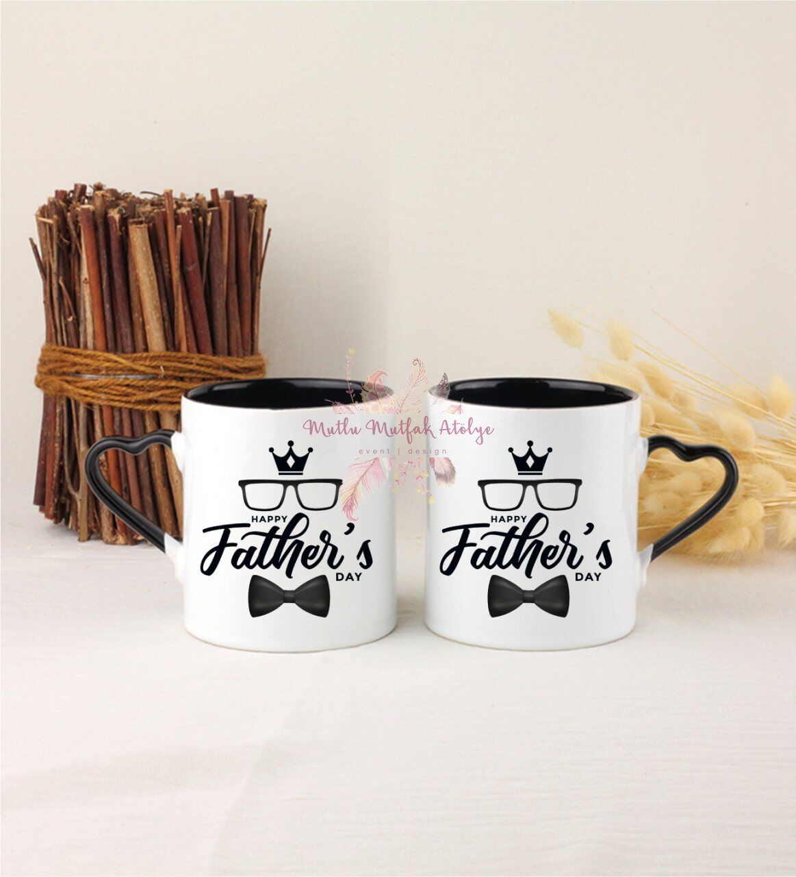 Babalar Günü İkili Siyah Kalpli Kupa Bardak
