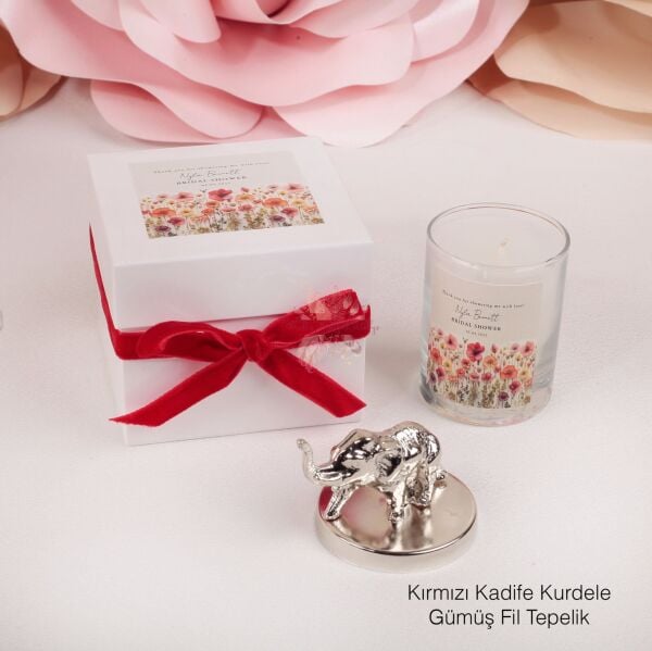 Büyük Boy Kare Kutulu Fil Tepelikli Kırmızı Kadife Kurdeleli Mum