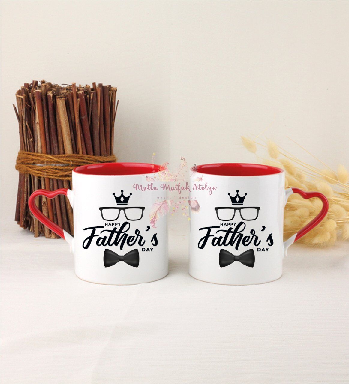 Babalar Günü İkili Kırmızı Kalpli Kupa Bardak
