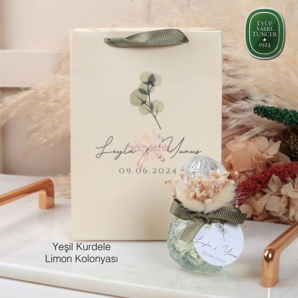 Düğün, Nişan Hediyeliği Çiçek Süslemeli Kolonya Ve Baskılı Karton Çanta Seti