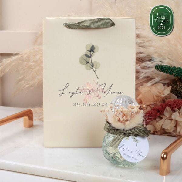 Düğün, Nişan Hediyeliği Çiçek Süslemeli Kolonya Ve Baskılı Karton Çanta Seti