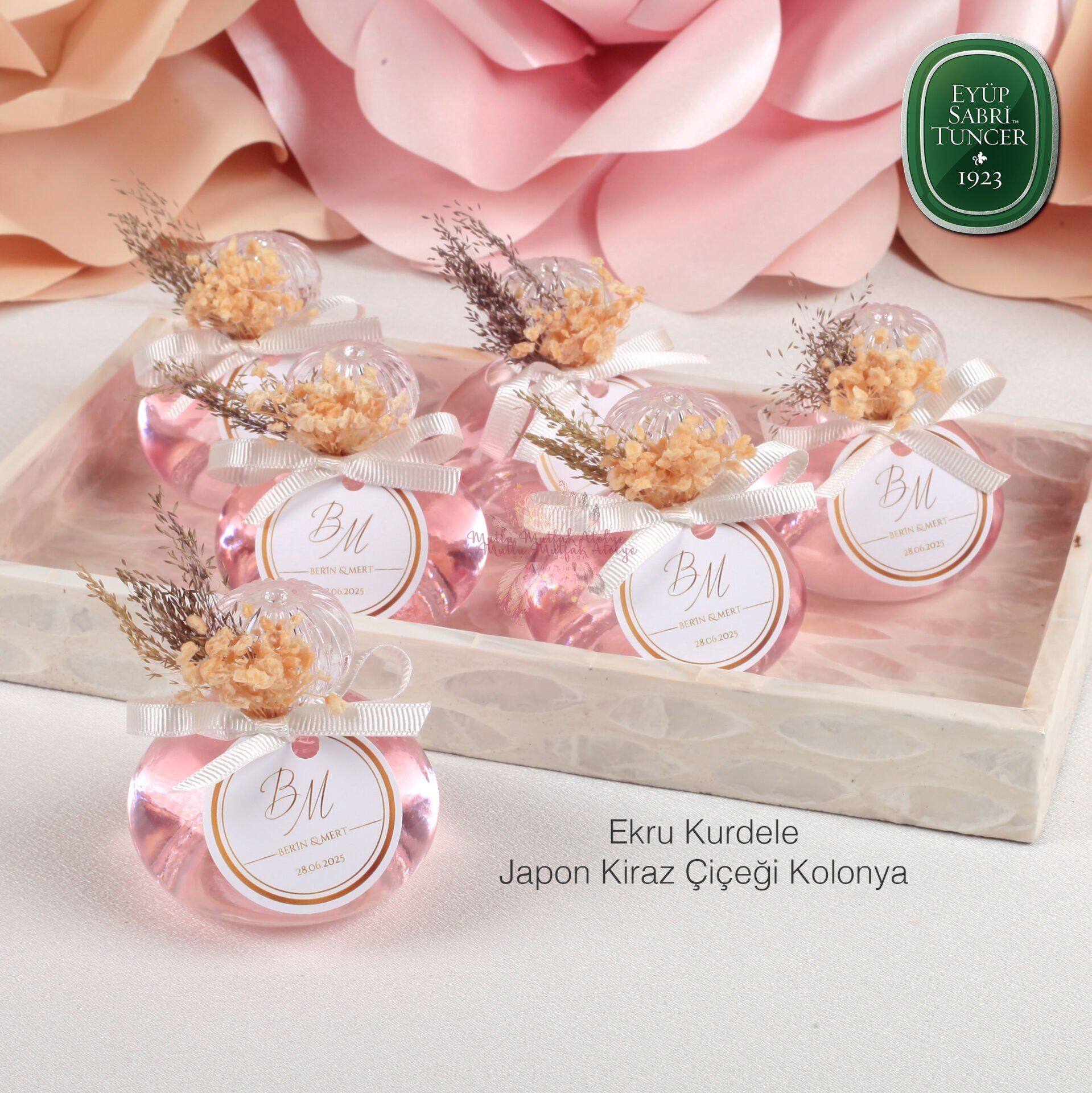 Yuvarlak Cam Şişe Çiçek Süslemeli Hediyelik Kolonya