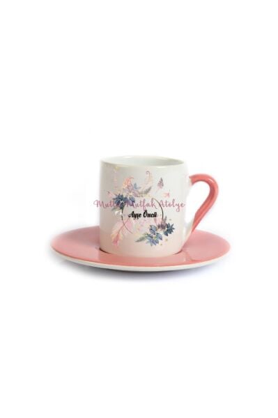 Kişiye Özel Öğretmenler Günü Hediyesi İsimli Çiçek Motifli  Pembe Türk Kahvesi Fincanı