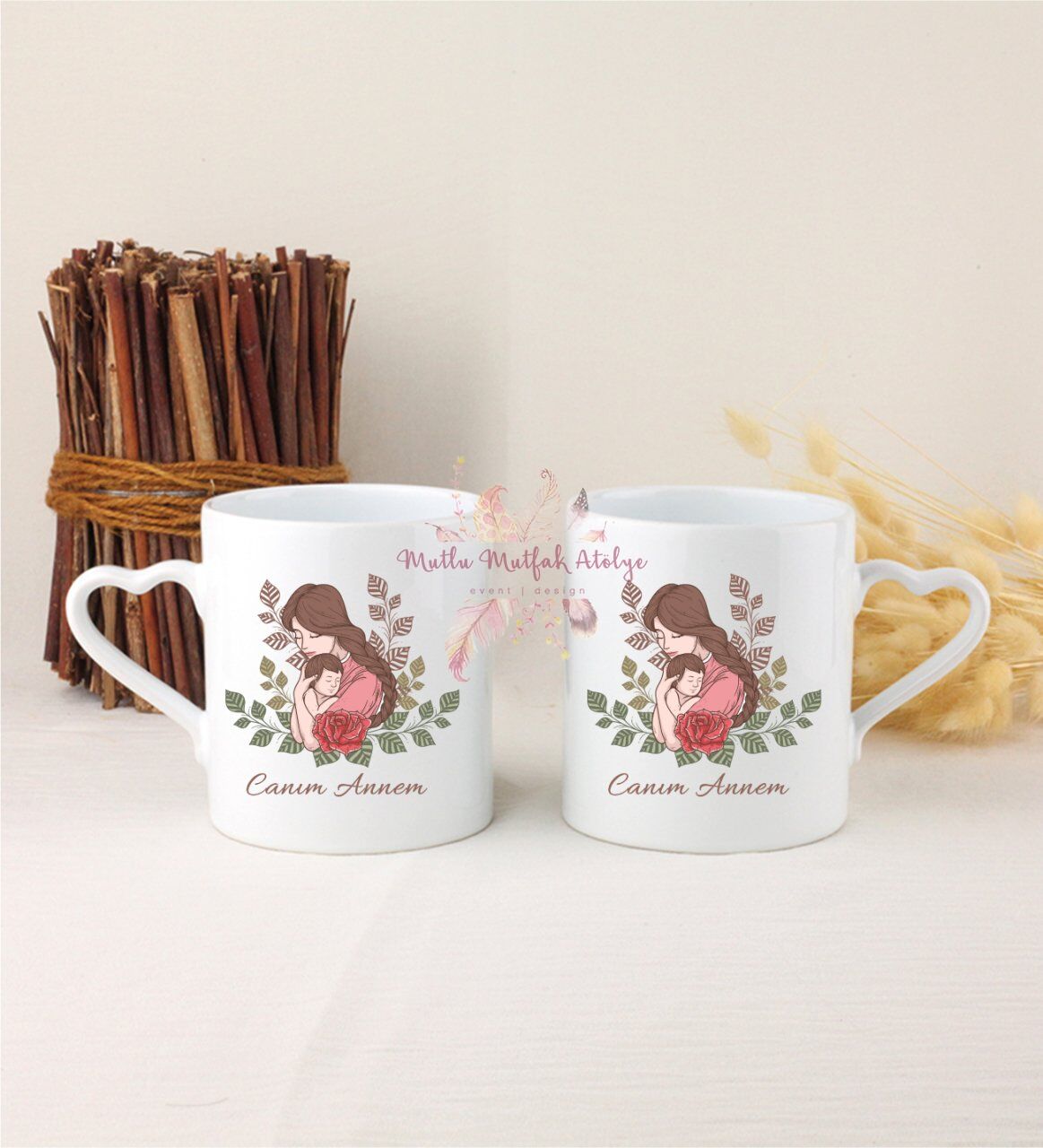 Anneler Günü İkili Beyaz Kalpli Kupa Bardak