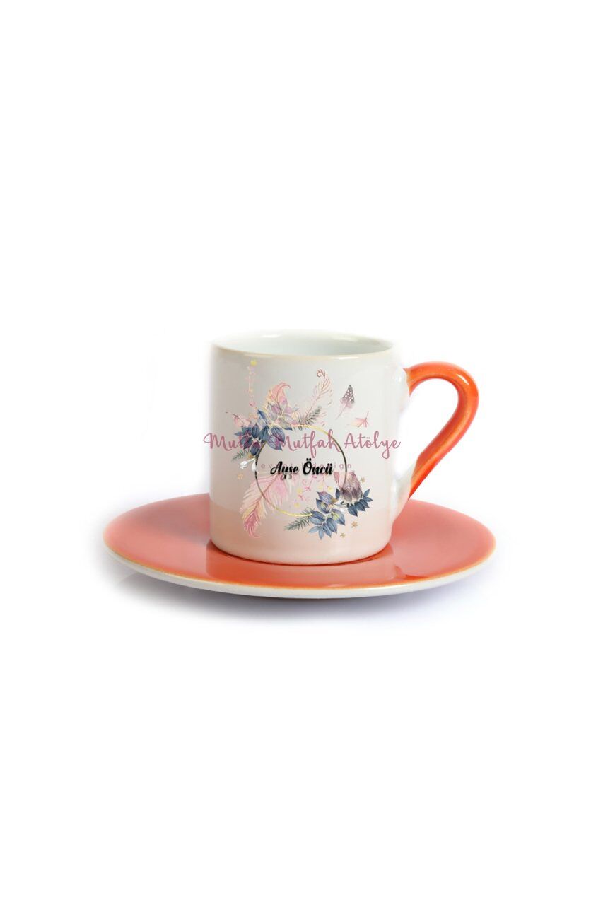 Kişiye Özel Öğretmenler Günü Hediyesi İsimli Çiçek Motifli  Turuncu Türk Kahvesi Fincanı