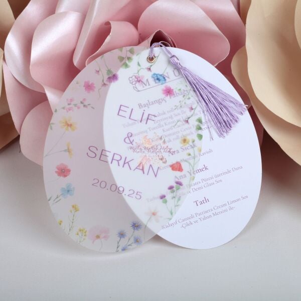 Düğün, Nişan Yemeği İçin Menü Kartı 13x18 Oval Püsküllü Aydıngerli