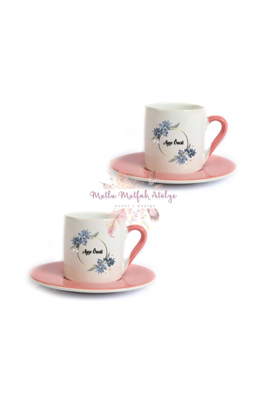 Kişiye Özel Öğretmenler Günü Hediyesi İsimli Çiçek Motifli  İkili Pembe Türk Kahvesi Fincanı