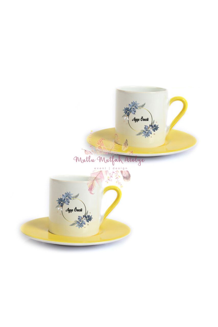 Kişiye Özel Öğretmenler Günü Hediyesi İsimli Çiçek Motifli  İkili Sarı Türk Kahvesi Fincanı