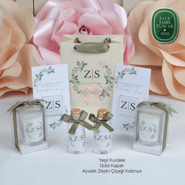 Düğün Nişan Hediyeliği Çikolata, Eyüp Sabri Tuncer Kolonya Vanilya Kokulu Mum ve Baskılı Karton Çanta Seti