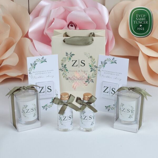 Düğün Nişan Hediyeliği Çikolata, Eyüp Sabri Tuncer Kolonya Vanilya Kokulu Mum ve Baskılı Karton Çanta Seti