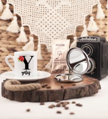 Kişiye Özel Türk Kahvesi Fincanı ve Aynalı Set Y Harfi