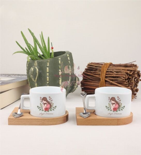 Kişiye Özel Anneler Günü İkili Ahşap Altlıklı Fincan