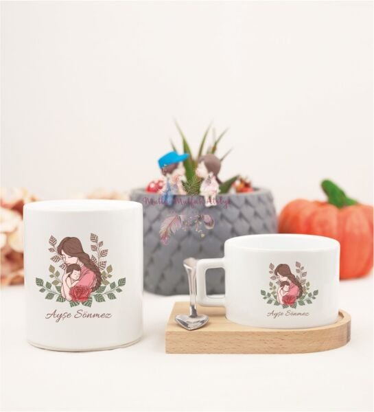 Kişiye Özel Anneler Günü Ahşap Altlıklı Fincan ve Kumbara