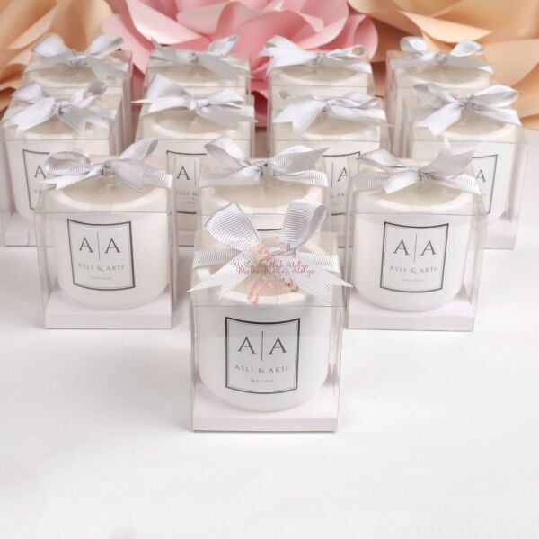 Vanilya Kokulu Kurdeleli Kutulu Beton Mum Nişan Düğün Hediyeliği