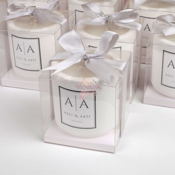 Vanilya Kokulu Kurdeleli Kutulu Beton Mum Nişan Düğün Hediyeliği