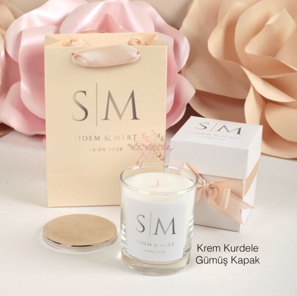 Düğün - Nişan Hediyeliği Vanilya Kokulu Kapaklı Büyük Boy Mum ve Baskılı Çanta Hediye Seti