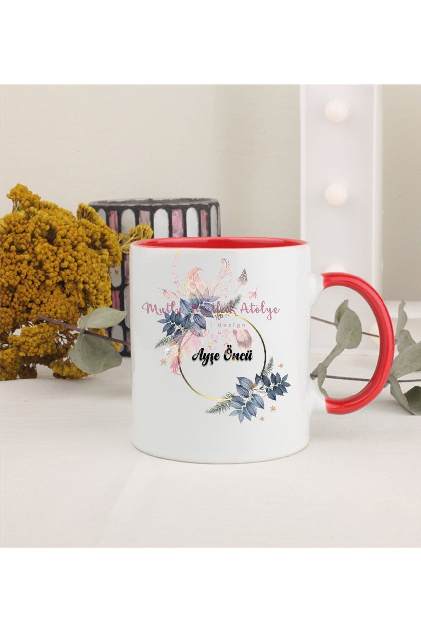 Kişiye Özel Öğretmenler Günü Hediyesi İsimli Çiçek Motifli  Kırmızı Kupa Bardak