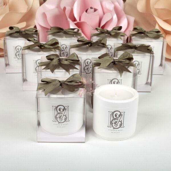 Vanilya Kokulu Kurdeleli Kutulu Beton Mum Nişan Düğün Hediyeliği
