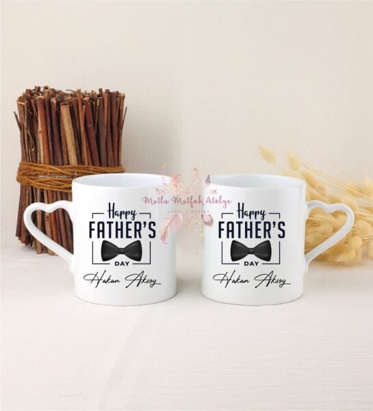 Kişiye Özel Babalar Günü İkili Beyaz Kalpli Kupa Bardak