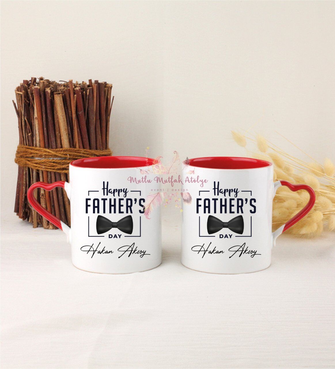 Kişiye Özel Babalar Günü İkili Kırmızı Kalpli Kupa Bardak
