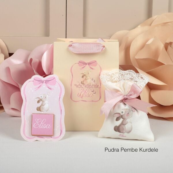 Tavşan Konseptli Yenidoğan Bebek Hediyelik Seti – Lavanta Kesesi, Çikolata ve Özel Çanta