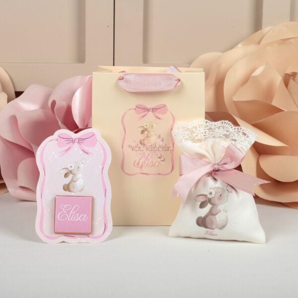 Tavşan Konseptli Yenidoğan Bebek Hediyelik Seti – Lavanta Kesesi, Çikolata ve Özel Çanta