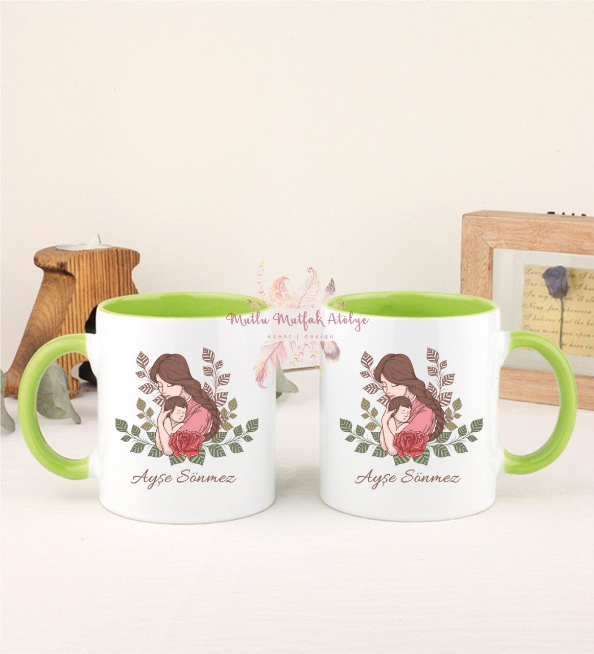 Kişiye Özel Anneler Günü İkili Yeşil Kupa Bardak