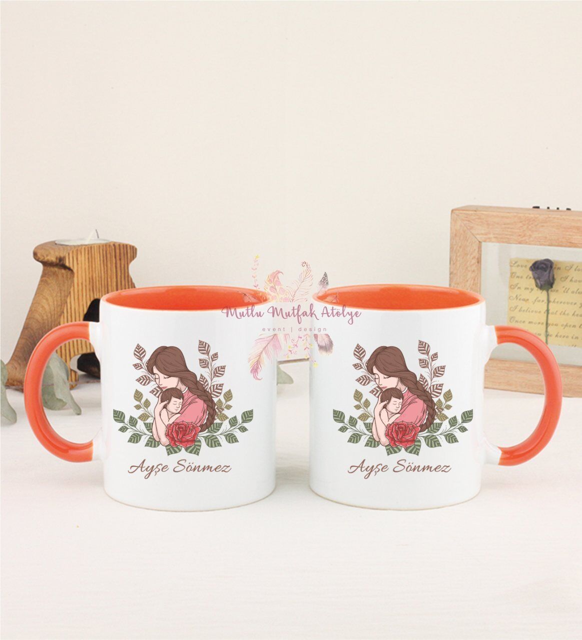 Kişiye Özel Anneler Günü İkili Turuncu Kupa Bardak
