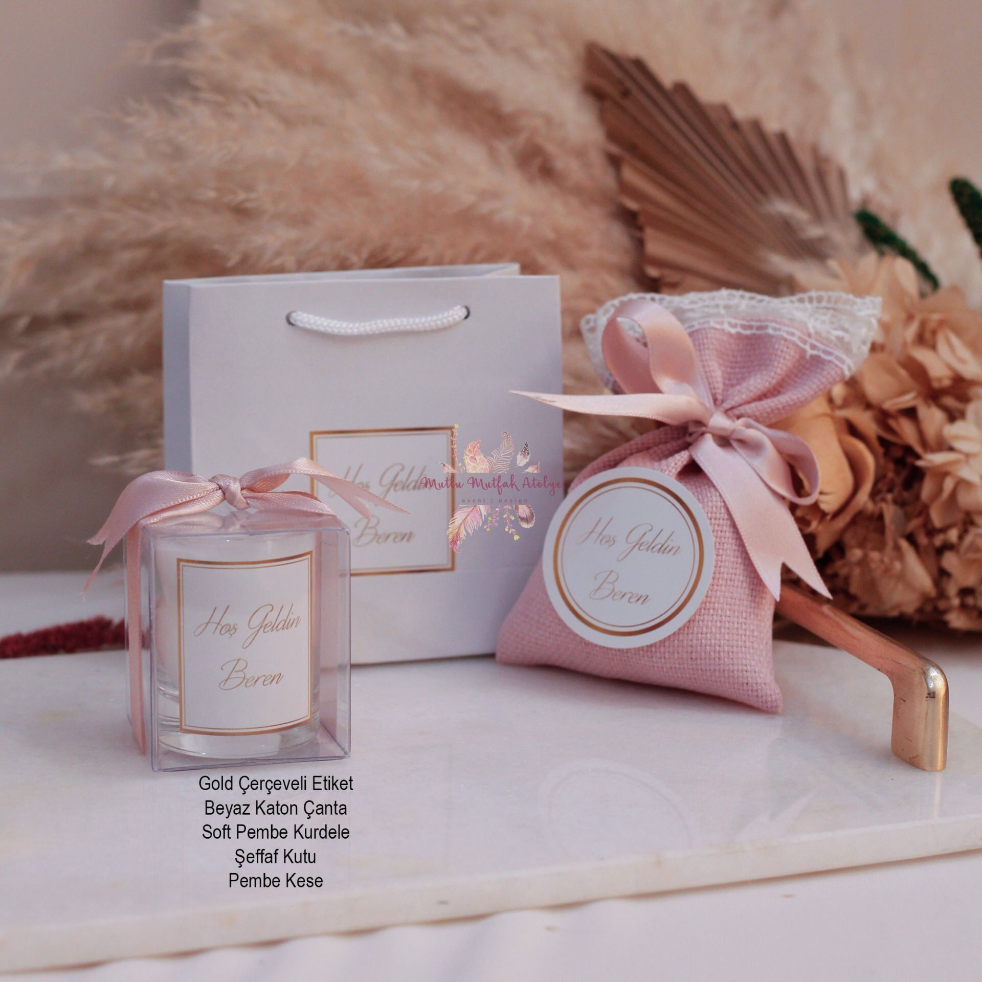 Hediyelik Kokulu Mum Karton Çanta Seti ve Lavanta Kesesi Yenidoğan Bebek