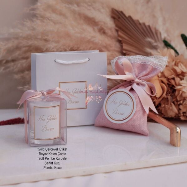Hediyelik Kokulu Mum Karton Çanta Seti ve Lavanta Kesesi Yenidoğan Bebek