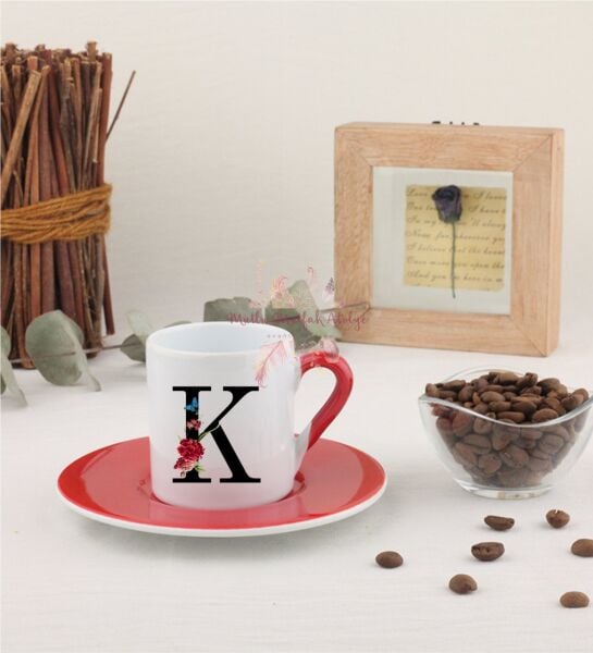 K Harfi Çiçek Desenli Kırmızı Türk Kahvesi Fincanı