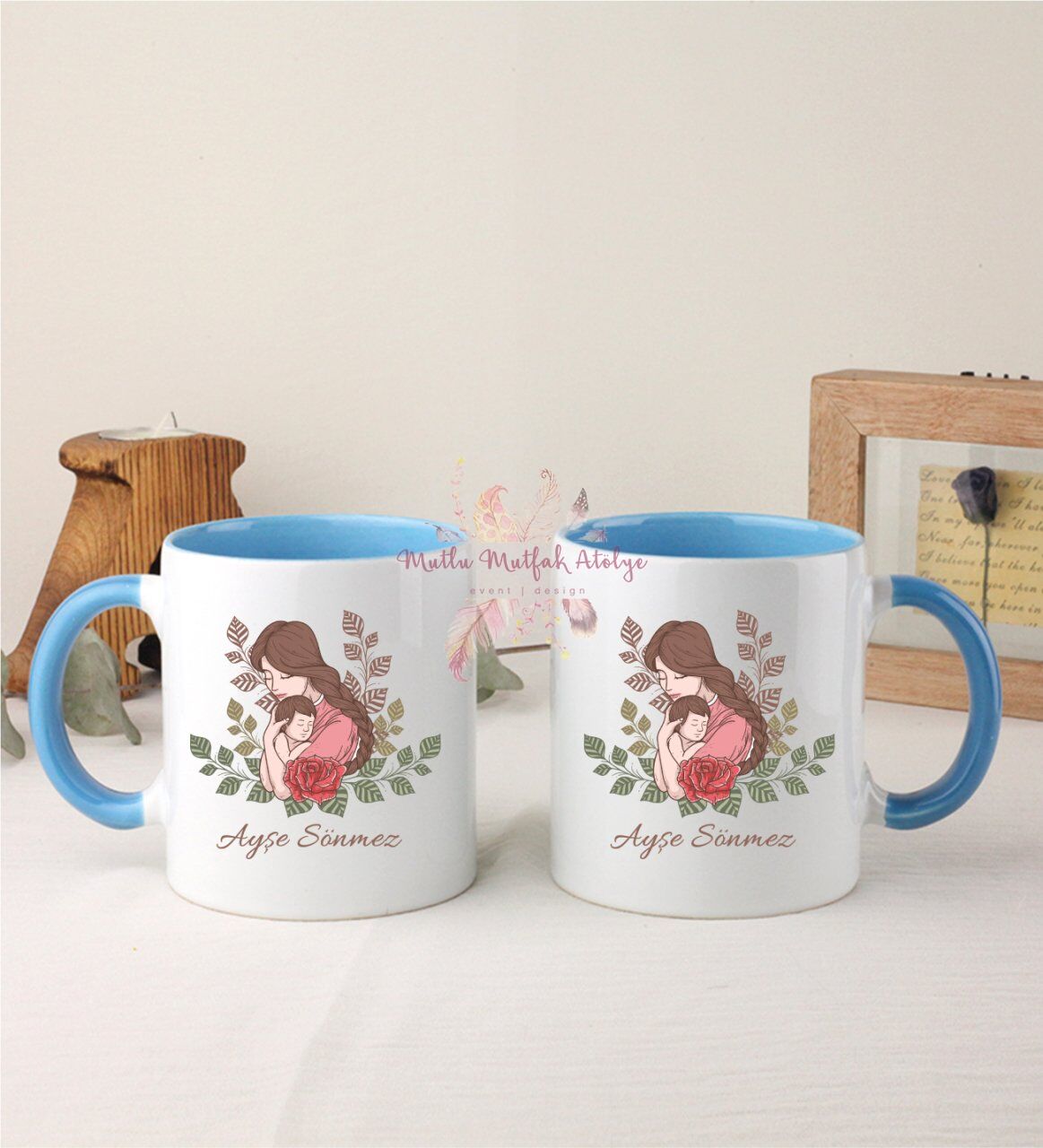 Kişiye Özel Anneler Günü İkili Mavi Kupa Bardak